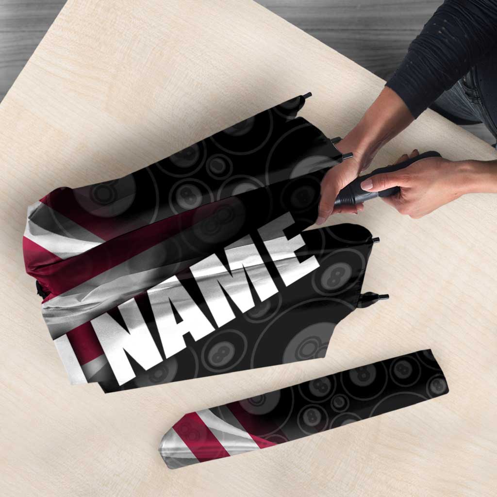 American Flag Bowling Ball and Pins Graphic Umbrella with Black Patterned Background and Custom Team Name Design - Wonder Print Shop