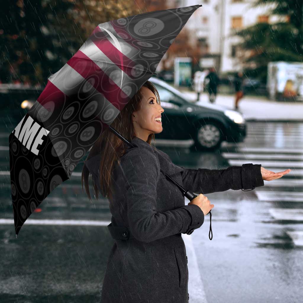 American Flag Bowling Ball and Pins Graphic Umbrella with Black Patterned Background and Custom Team Name Design - Wonder Print Shop