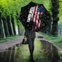 American Flag Bowling Ball and Pins Graphic Umbrella with Black Patterned Background and Custom Team Name Design - Wonder Print Shop