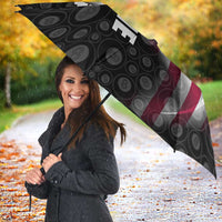 American Flag Bowling Ball and Pins Graphic Umbrella with Black Patterned Background and Custom Team Name Design - Wonder Print Shop
