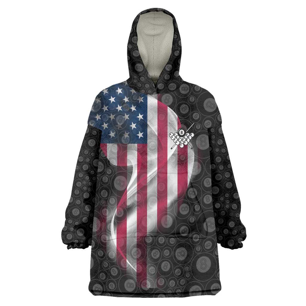 American Flag Bowling Ball and Pins Graphic Wearable Blanket Hoodie with Black Patterned Background and Custom Team Name Design - Wonder Print Shop