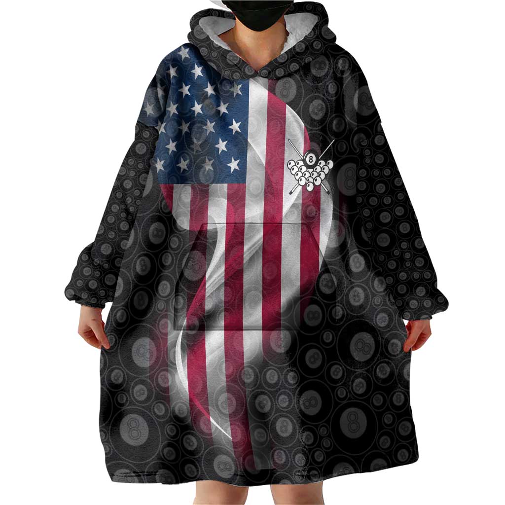American Flag Bowling Ball and Pins Graphic Wearable Blanket Hoodie with Black Patterned Background and Custom Team Name Design - Wonder Print Shop