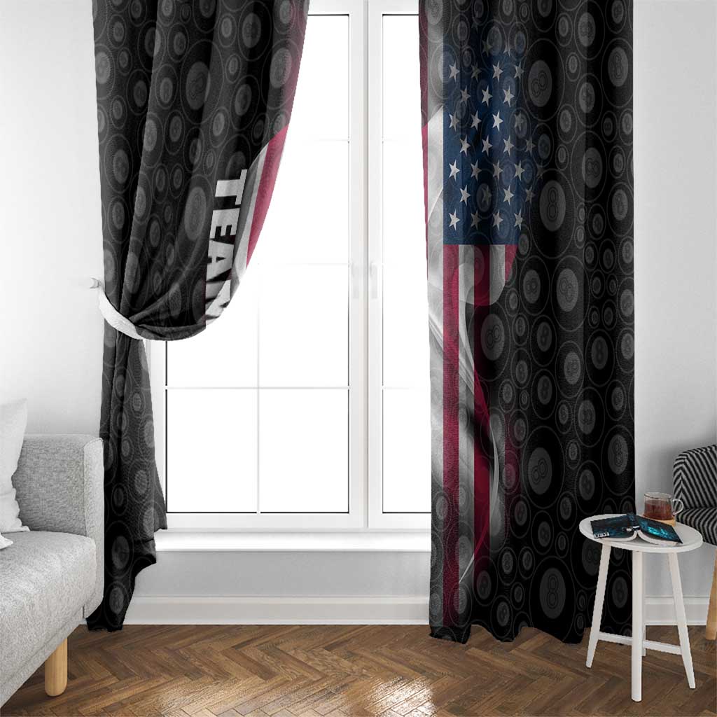 American Flag Bowling Ball and Pins Graphic Window Curtain with Black Patterned Background and Custom Team Name Design - Wonder Print Shop
