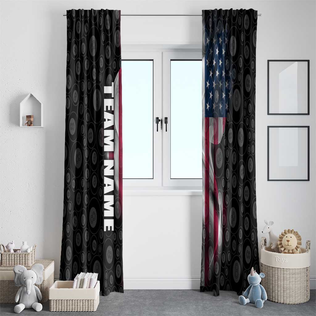 American Flag Bowling Ball and Pins Graphic Window Curtain with Black Patterned Background and Custom Team Name Design - Wonder Print Shop