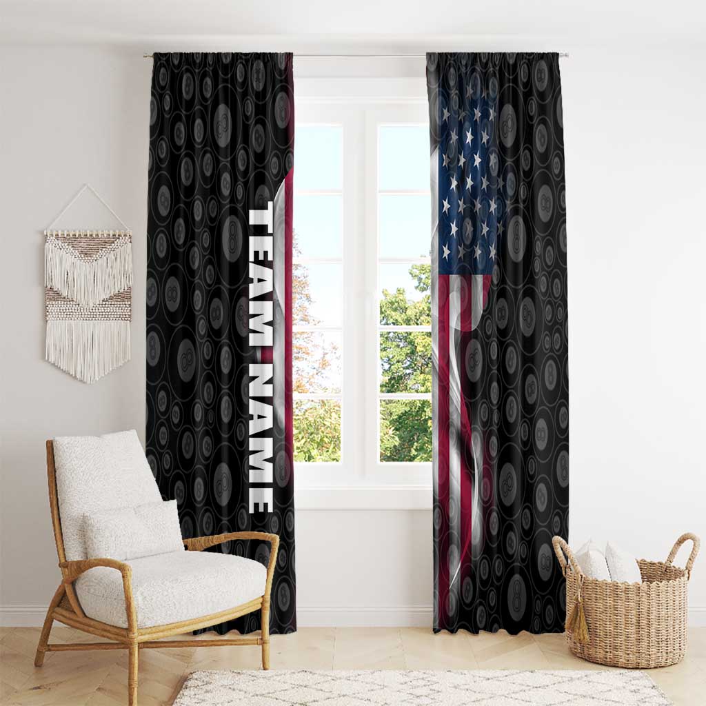American Flag Bowling Ball and Pins Graphic Window Curtain with Black Patterned Background and Custom Team Name Design - Wonder Print Shop