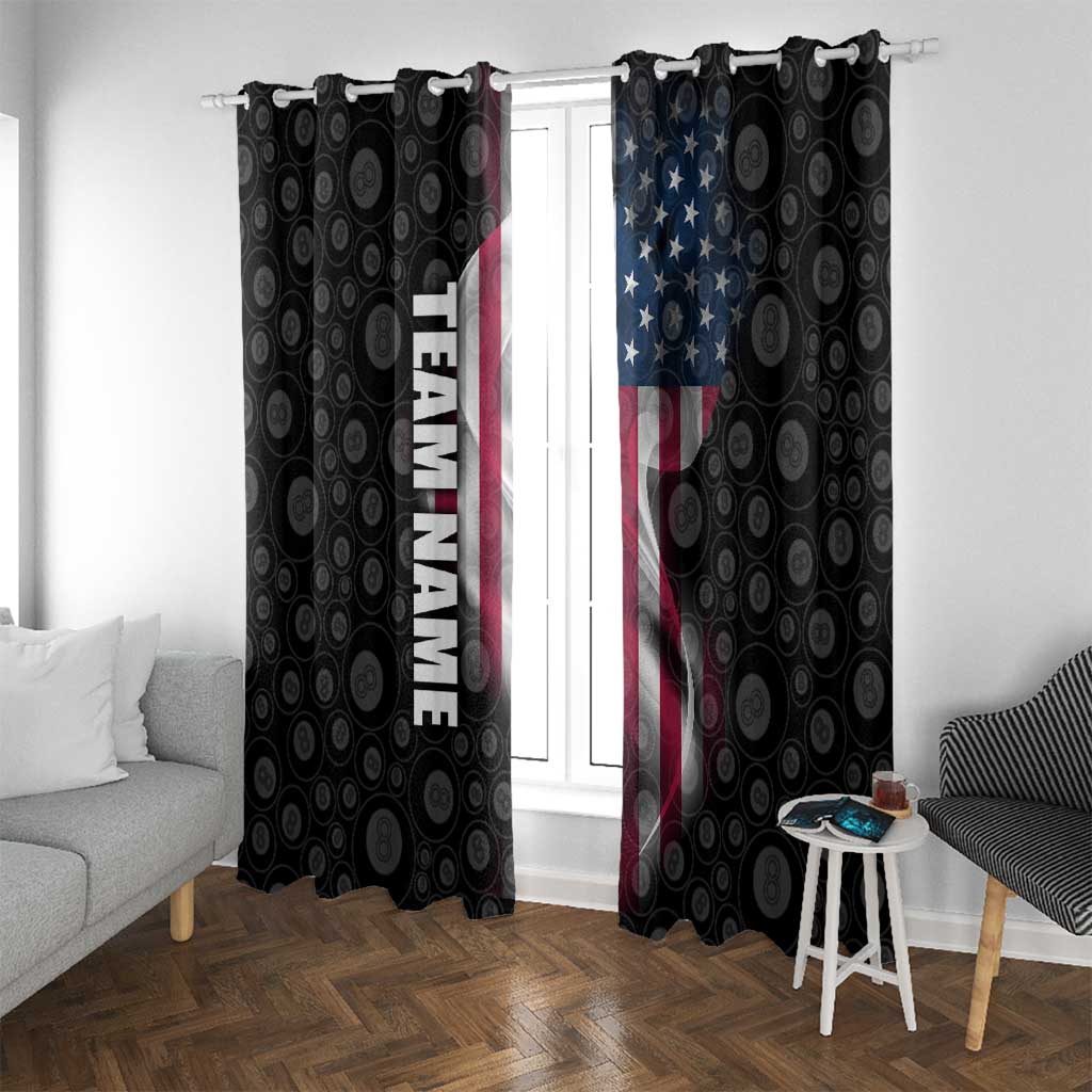 American Flag Bowling Ball and Pins Graphic Window Curtain with Black Patterned Background and Custom Team Name Design - Wonder Print Shop
