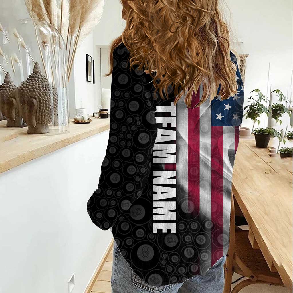 American Flag Bowling Ball and Pins Graphic Women Casual Shirt with Black Patterned Background and Custom Team Name Design - Wonder Print Shop