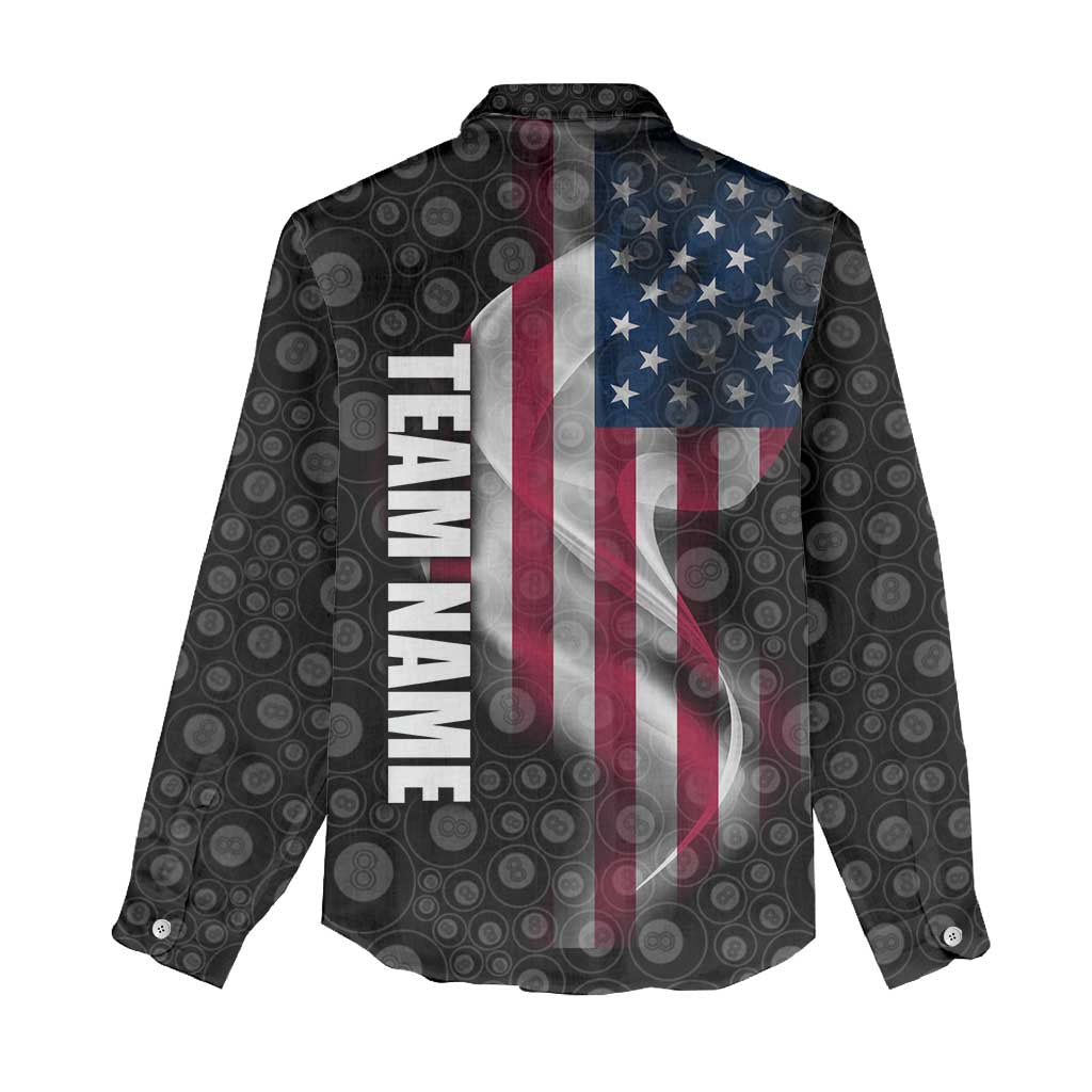 American Flag Bowling Ball and Pins Graphic Women Casual Shirt with Black Patterned Background and Custom Team Name Design - Wonder Print Shop