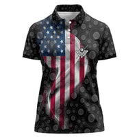 American Flag Bowling Ball and Pins Graphic Women Polo Shirt with Black Patterned Background and Custom Team Name Design - Wonder Print Shop