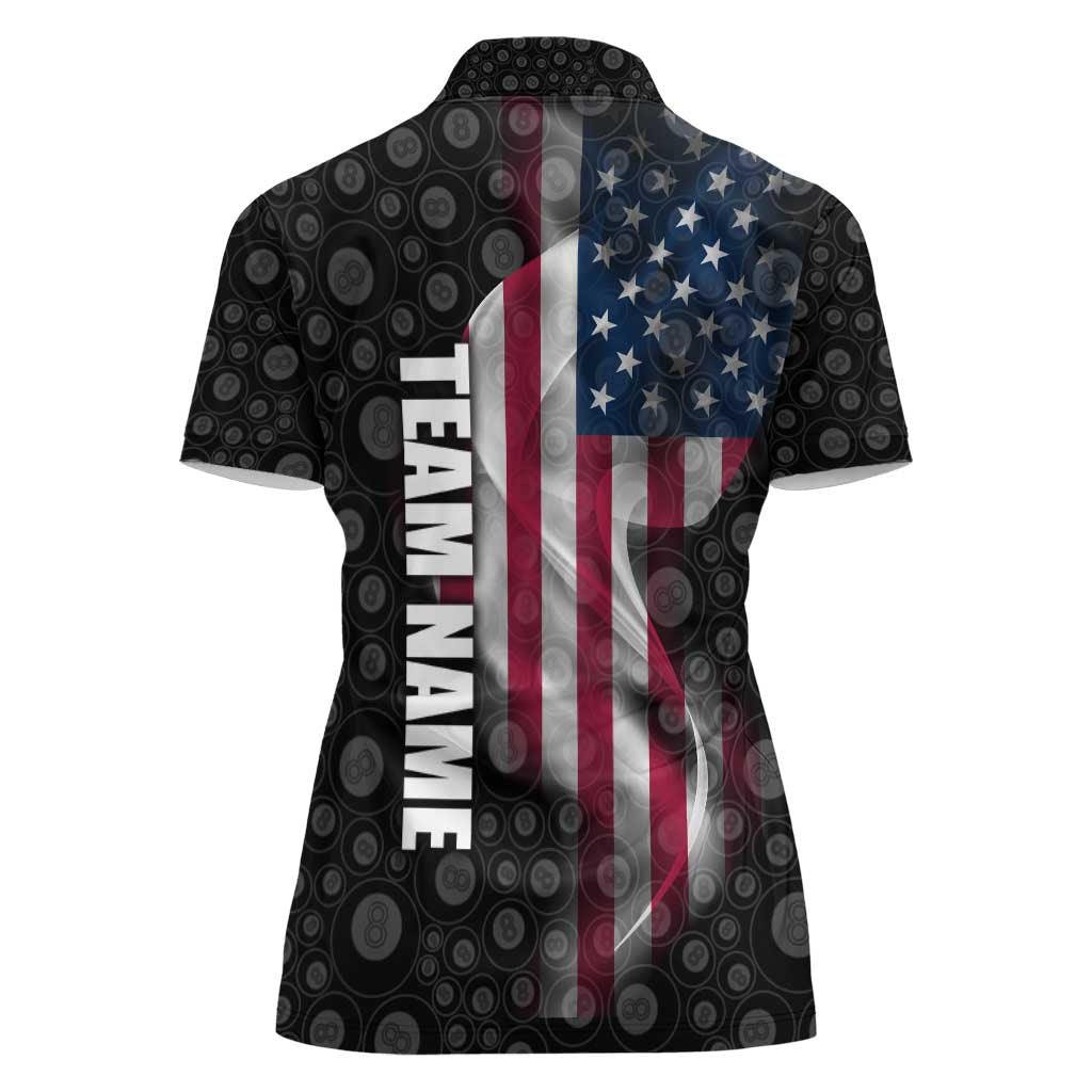 American Flag Bowling Ball and Pins Graphic Women Polo Shirt with Black Patterned Background and Custom Team Name Design - Wonder Print Shop