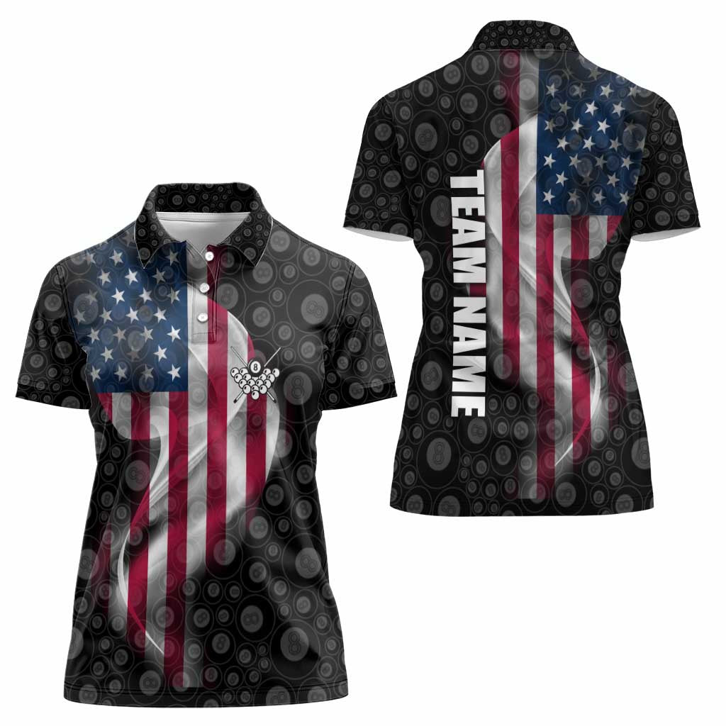 American Flag Bowling Ball and Pins Graphic Women Polo Shirt with Black Patterned Background and Custom Team Name Design - Wonder Print Shop