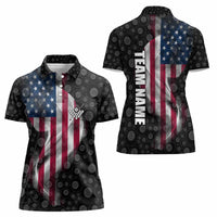 American Flag Bowling Ball and Pins Graphic Women Polo Shirt with Black Patterned Background and Custom Team Name Design - Wonder Print Shop