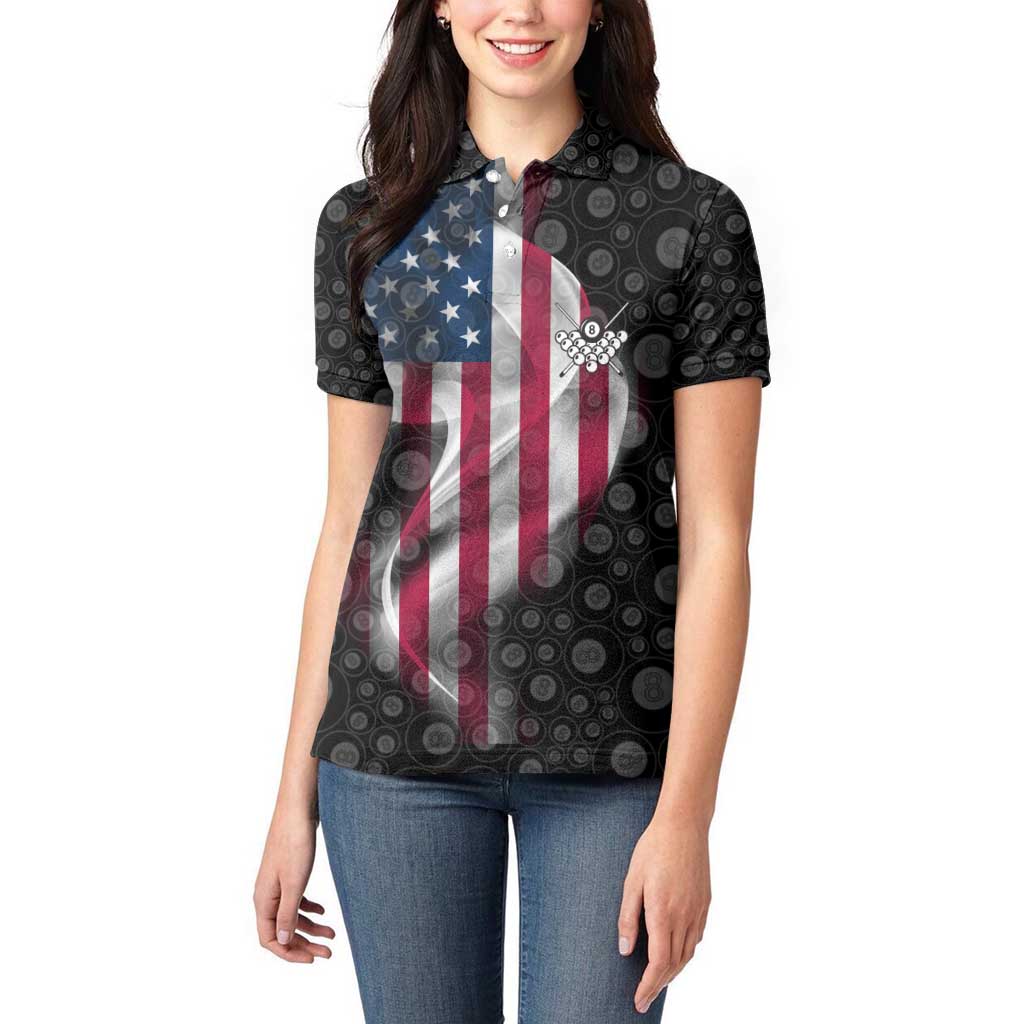 American Flag Bowling Ball and Pins Graphic Women Polo Shirt with Black Patterned Background and Custom Team Name Design - Wonder Print Shop