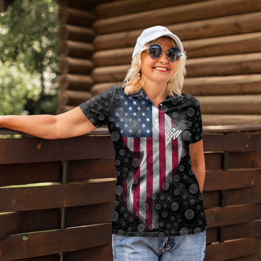 American Flag Bowling Ball and Pins Graphic Women Polo Shirt with Black Patterned Background and Custom Team Name Design - Wonder Print Shop