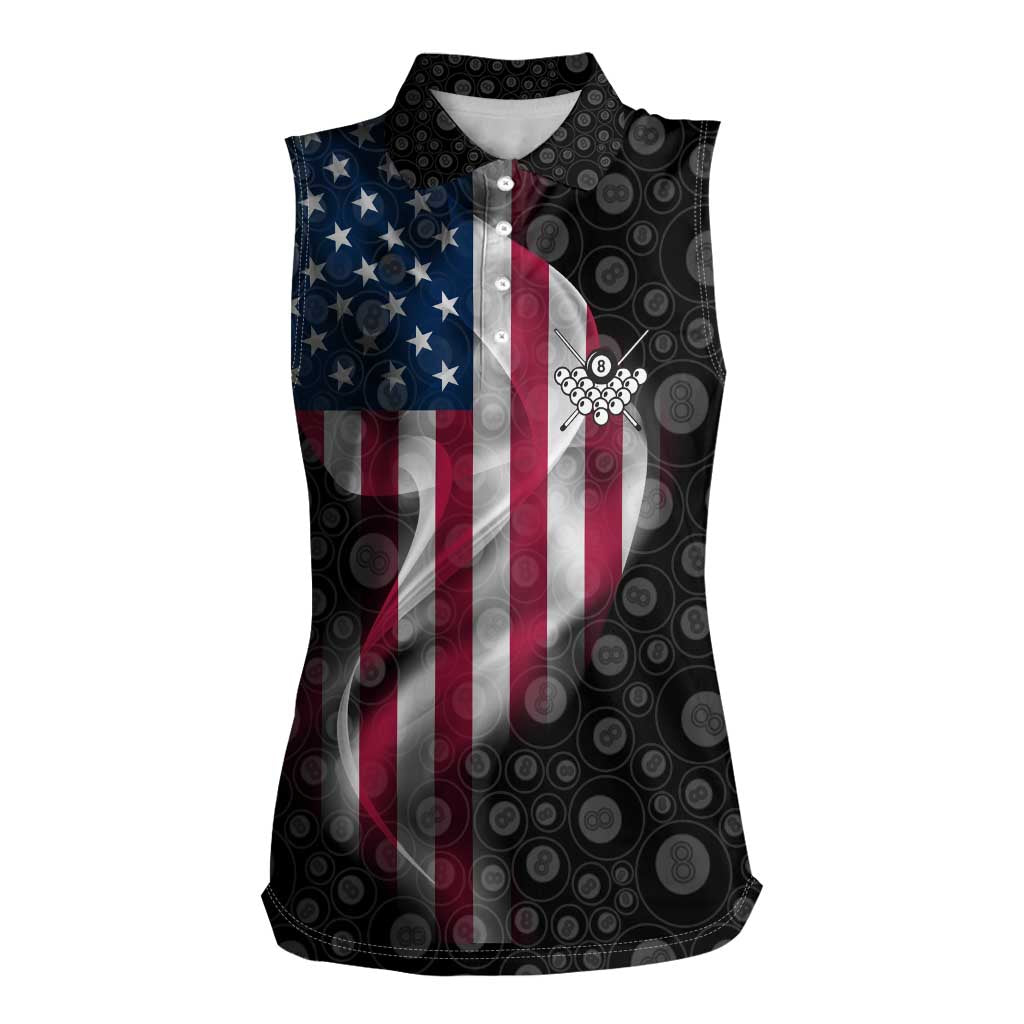 American Flag Bowling Ball and Pins Graphic Women Sleeveless Polo Shirt with Black Patterned Background and Custom Team Name Design - Wonder Print Shop