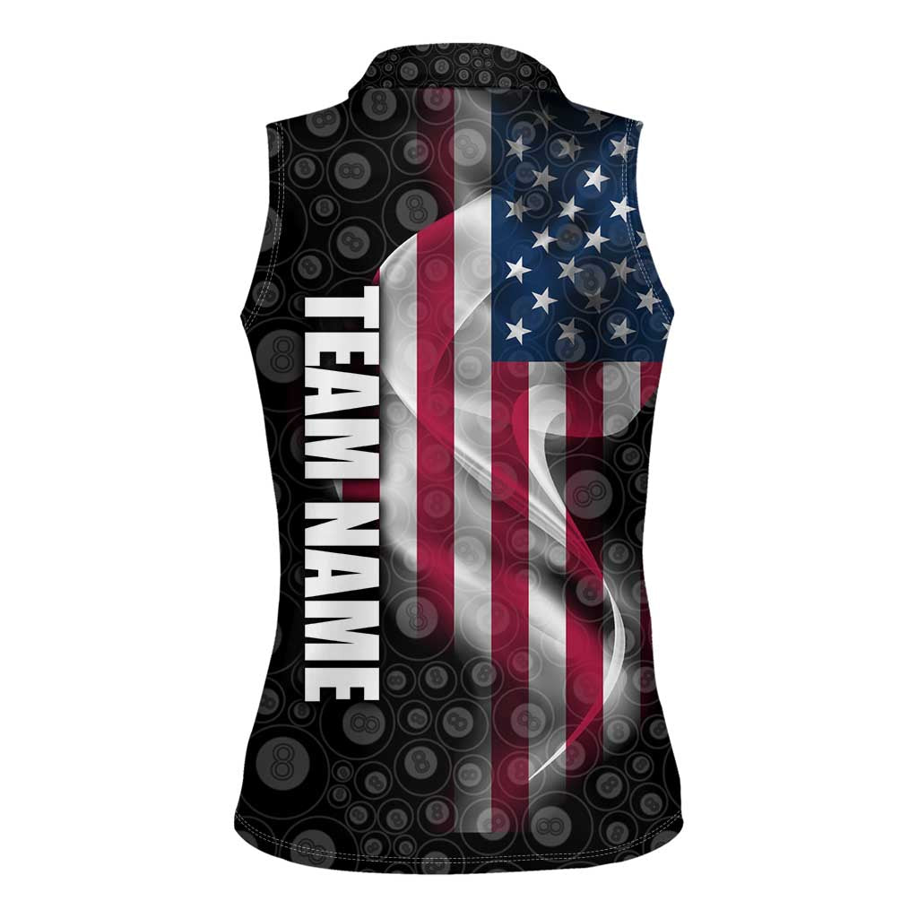 American Flag Bowling Ball and Pins Graphic Women Sleeveless Polo Shirt with Black Patterned Background and Custom Team Name Design - Wonder Print Shop