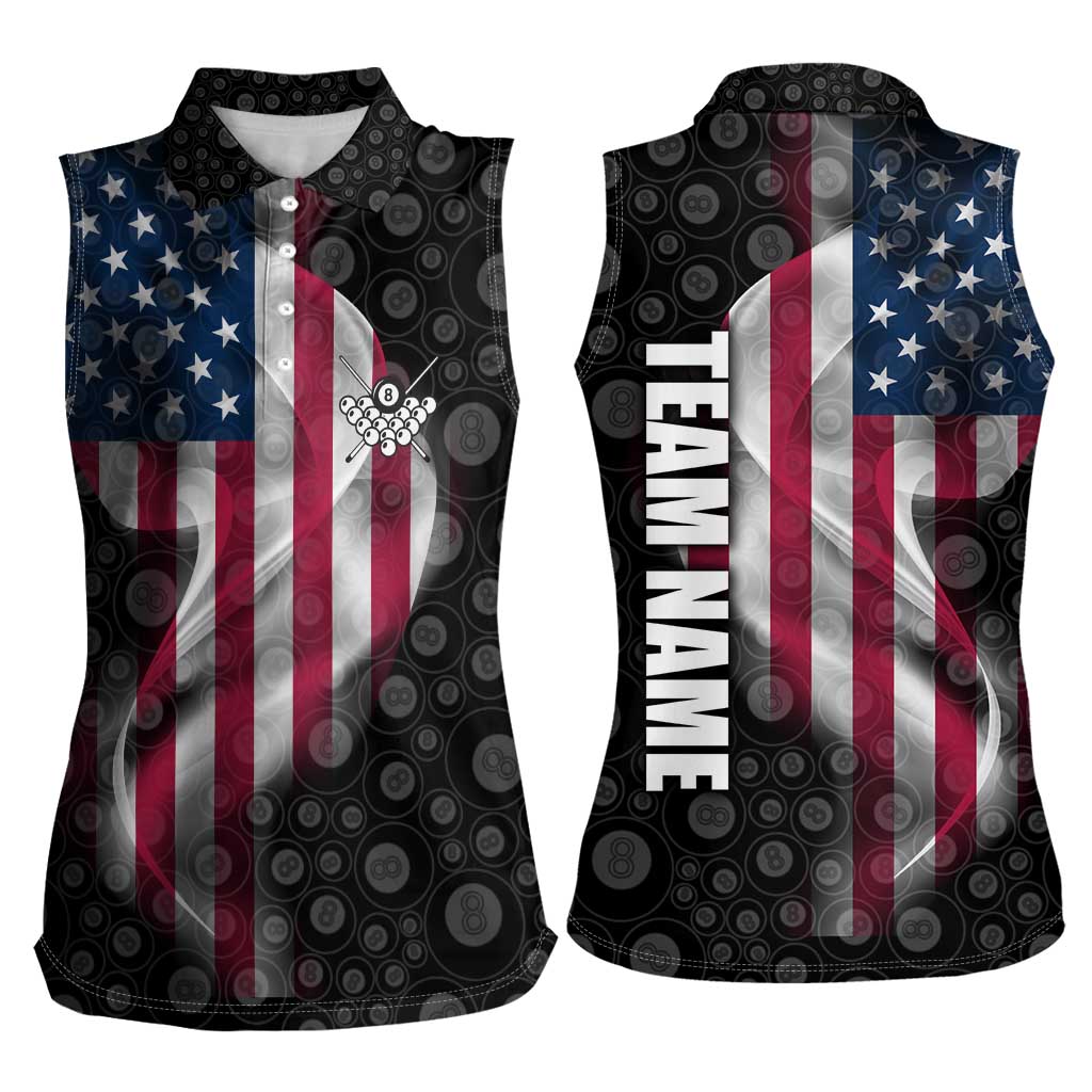 American Flag Bowling Ball and Pins Graphic Women Sleeveless Polo Shirt with Black Patterned Background and Custom Team Name Design - Wonder Print Shop