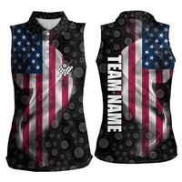 American Flag Bowling Ball and Pins Graphic Women Sleeveless Polo Shirt with Black Patterned Background and Custom Team Name Design - Wonder Print Shop