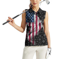 American Flag Bowling Ball and Pins Graphic Women Sleeveless Polo Shirt with Black Patterned Background and Custom Team Name Design - Wonder Print Shop