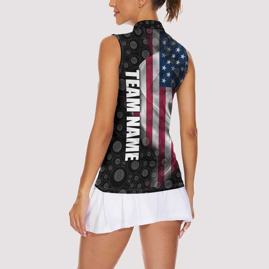 American Flag Bowling Ball and Pins Graphic Women Sleeveless Polo Shirt with Black Patterned Background and Custom Team Name Design - Wonder Print Shop