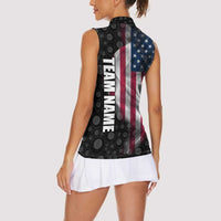 American Flag Bowling Ball and Pins Graphic Women Sleeveless Polo Shirt with Black Patterned Background and Custom Team Name Design - Wonder Print Shop