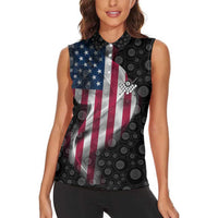 American Flag Bowling Ball and Pins Graphic Women Sleeveless Polo Shirt with Black Patterned Background and Custom Team Name Design - Wonder Print Shop