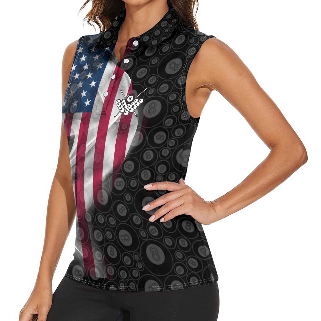 American Flag Bowling Ball and Pins Graphic Women Sleeveless Polo Shirt with Black Patterned Background and Custom Team Name Design - Wonder Print Shop