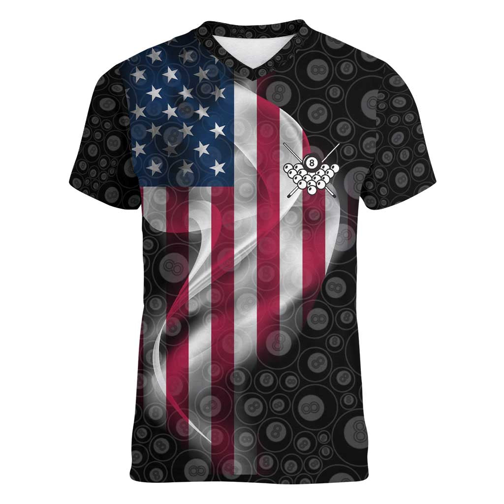 American Flag Bowling Ball and Pins Graphic Women V-Neck T-Shirt with Black Patterned Background and Custom Team Name Design - Wonder Print Shop