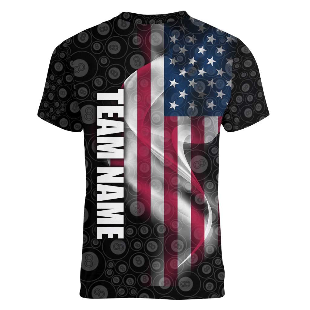 American Flag Bowling Ball and Pins Graphic Women V-Neck T-Shirt with Black Patterned Background and Custom Team Name Design - Wonder Print Shop