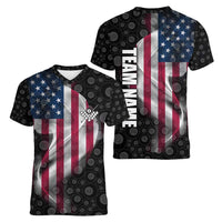 American Flag Bowling Ball and Pins Graphic Women V-Neck T-Shirt with Black Patterned Background and Custom Team Name Design - Wonder Print Shop