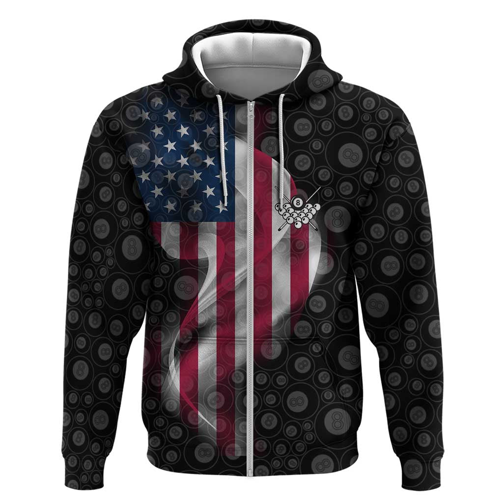 American Flag Bowling Ball and Pins Graphic Zip Hoodie with Black Patterned Background and Custom Team Name Design - Wonder Print Shop