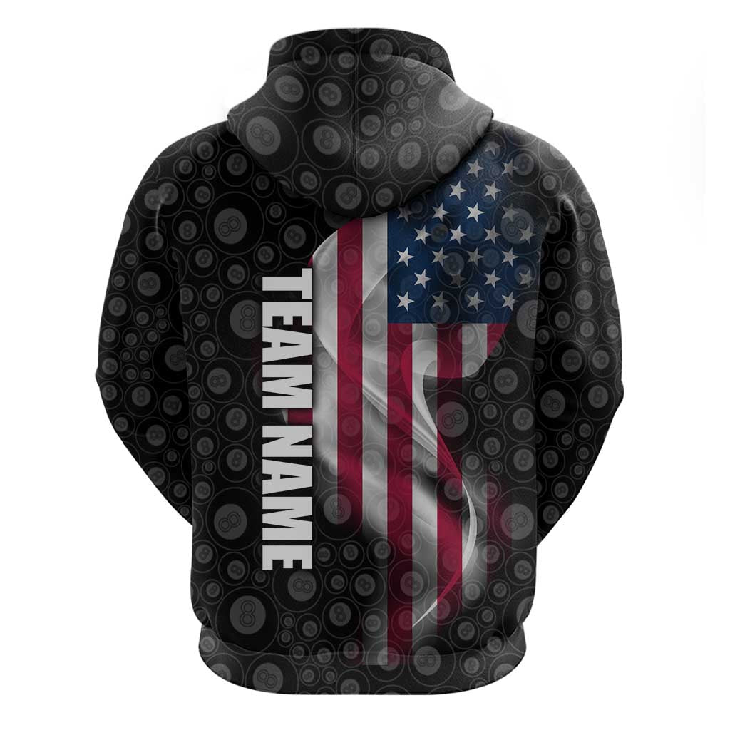 American Flag Bowling Ball and Pins Graphic Zip Hoodie with Black Patterned Background and Custom Team Name Design - Wonder Print Shop