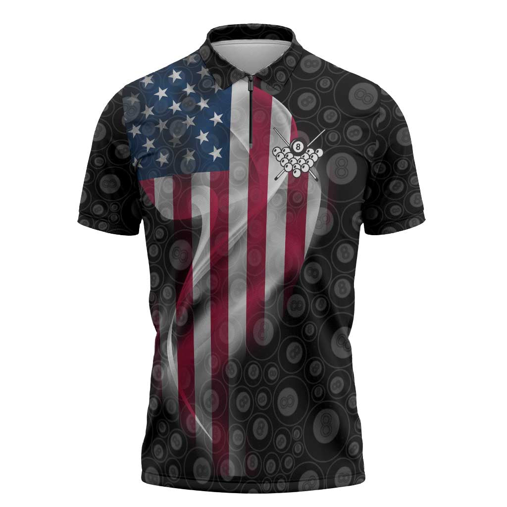 American Flag Bowling Ball and Pins Graphic Zipper Polo Shirt with Black Patterned Background and Custom Team Name Design - Wonder Print Shop