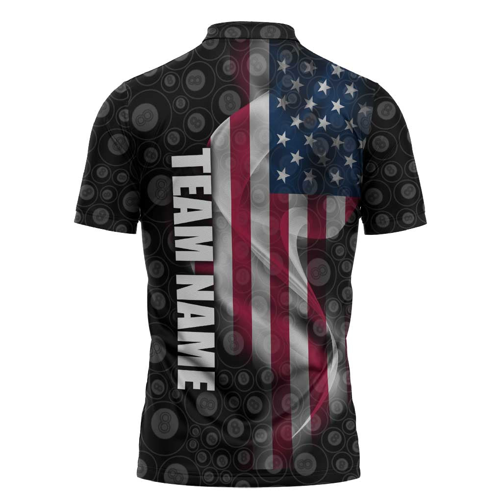 American Flag Bowling Ball and Pins Graphic Zipper Polo Shirt with Black Patterned Background and Custom Team Name Design - Wonder Print Shop