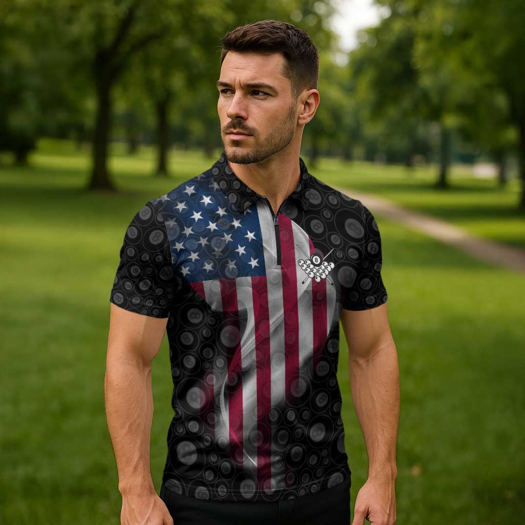 American Flag Bowling Ball and Pins Graphic Zipper Polo Shirt with Black Patterned Background and Custom Team Name Design - Wonder Print Shop