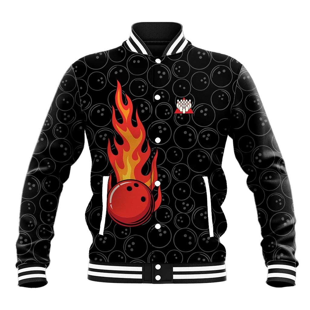 Flaming Bowling Ball Baseball Jacket with Strike Explosion and Funny Quote Graphic on Bowling - Wonder Print Shop