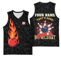 Flaming Bowling Ball Basketball Jersey with Strike Explosion and Funny Quote Graphic on Bowling - Wonder Print Shop
