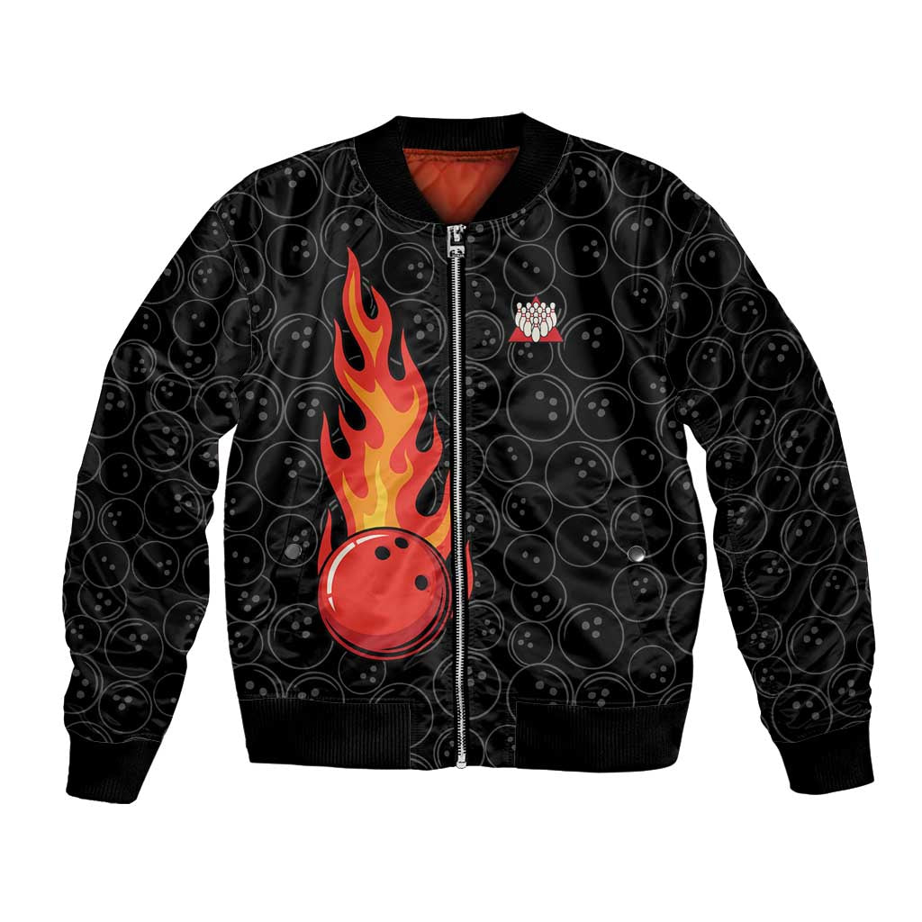 Flaming Bowling Ball Bomber Jacket with Strike Explosion and Funny Quote Graphic on Bowling - Wonder Print Shop