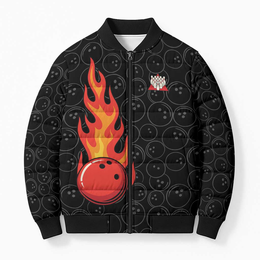Flaming Bowling Ball Bomber Puffer Jacket with Strike Explosion and Funny Quote Graphic on Bowling - Wonder Print Shop