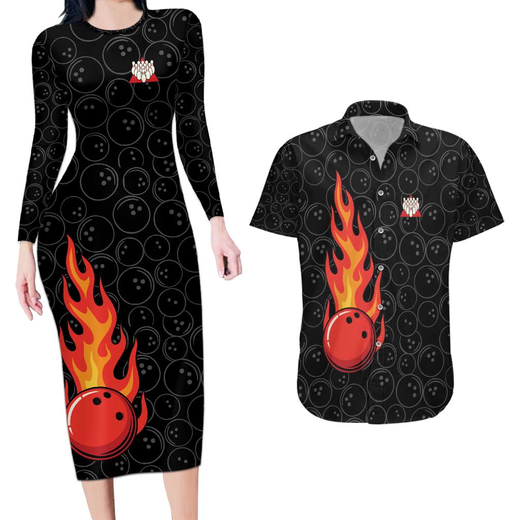 Flaming Bowling Ball Couples Matching Long Sleeve Bodycon Dress and Hawaiian Shirt with Strike Explosion and Funny Quote Graphic on Bowling - Wonder Print Shop