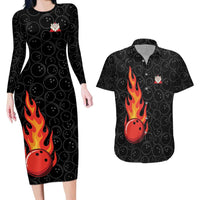 Flaming Bowling Ball Couples Matching Long Sleeve Bodycon Dress and Hawaiian Shirt with Strike Explosion and Funny Quote Graphic on Bowling - Wonder Print Shop