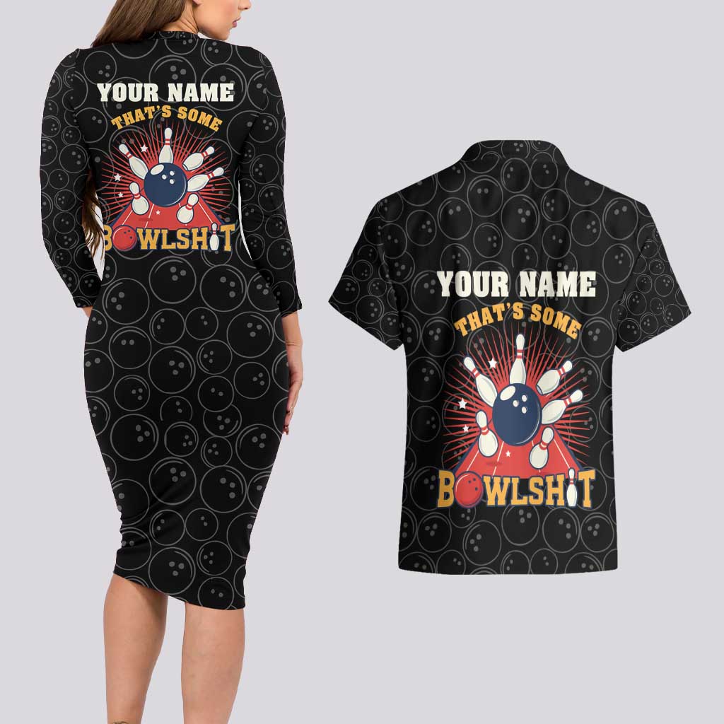 Flaming Bowling Ball Couples Matching Long Sleeve Bodycon Dress and Hawaiian Shirt with Strike Explosion and Funny Quote Graphic on Bowling - Wonder Print Shop