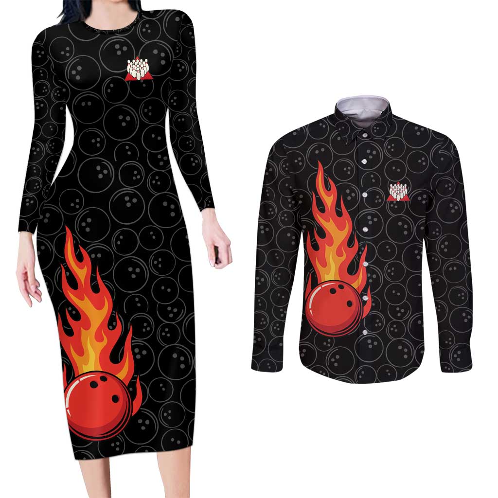 Flaming Bowling Ball Couples Matching Long Sleeve Bodycon Dress and Long Sleeve Button Shirt with Strike Explosion and Funny Quote Graphic on Bowling - Wonder Print Shop