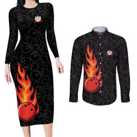 Flaming Bowling Ball Couples Matching Long Sleeve Bodycon Dress and Long Sleeve Button Shirt with Strike Explosion and Funny Quote Graphic on Bowling - Wonder Print Shop