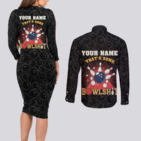 Flaming Bowling Ball Couples Matching Long Sleeve Bodycon Dress and Long Sleeve Button Shirt with Strike Explosion and Funny Quote Graphic on Bowling - Wonder Print Shop