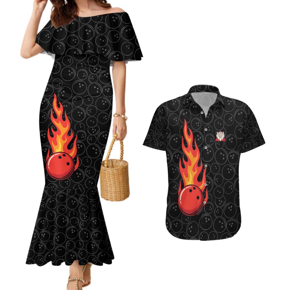 Flaming Bowling Ball Couples Matching Mermaid Dress and Hawaiian Shirt with Strike Explosion and Funny Quote Graphic on Bowling - Wonder Print Shop
