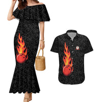Flaming Bowling Ball Couples Matching Mermaid Dress and Hawaiian Shirt with Strike Explosion and Funny Quote Graphic on Bowling - Wonder Print Shop