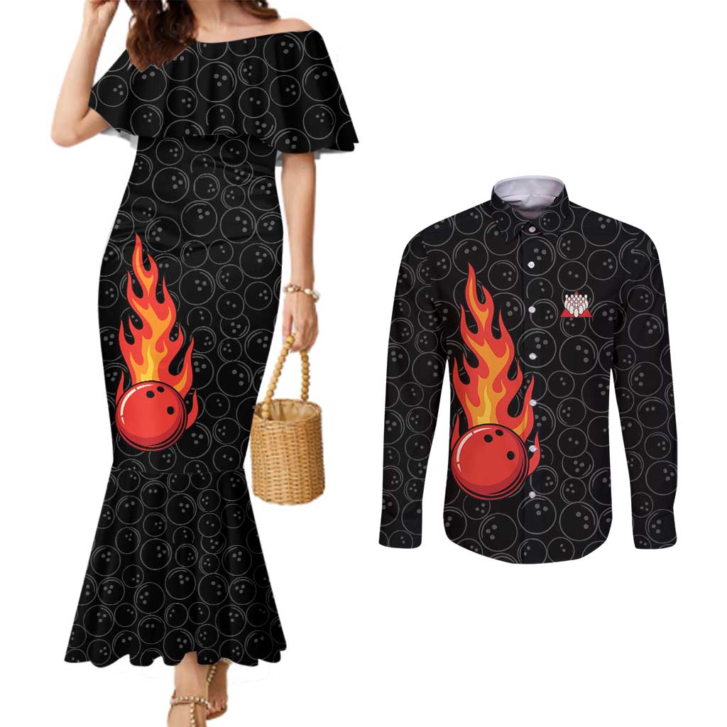 Flaming Bowling Ball Couples Matching Mermaid Dress and Long Sleeve Button Shirt with Strike Explosion and Funny Quote Graphic on Bowling - Wonder Print Shop