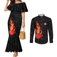 Flaming Bowling Ball Couples Matching Mermaid Dress and Long Sleeve Button Shirt with Strike Explosion and Funny Quote Graphic on Bowling - Wonder Print Shop