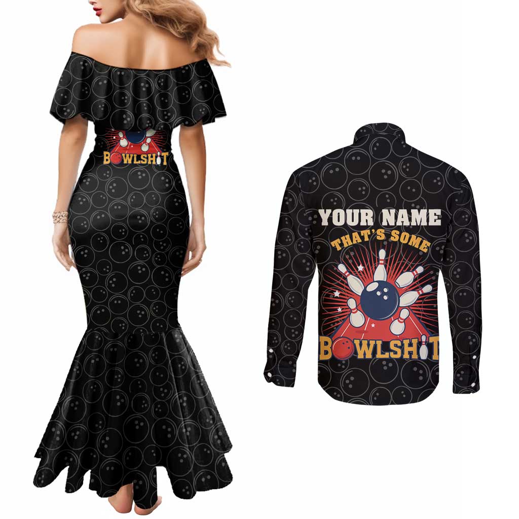 Flaming Bowling Ball Couples Matching Mermaid Dress and Long Sleeve Button Shirt with Strike Explosion and Funny Quote Graphic on Bowling - Wonder Print Shop